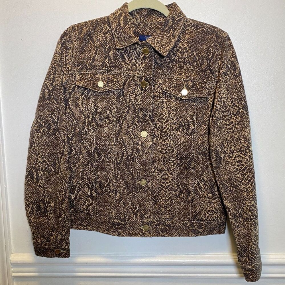 Y2K Streetwear Glam Chaps Snake Print Stretch Denim Trucker Jacket Brown Gold M